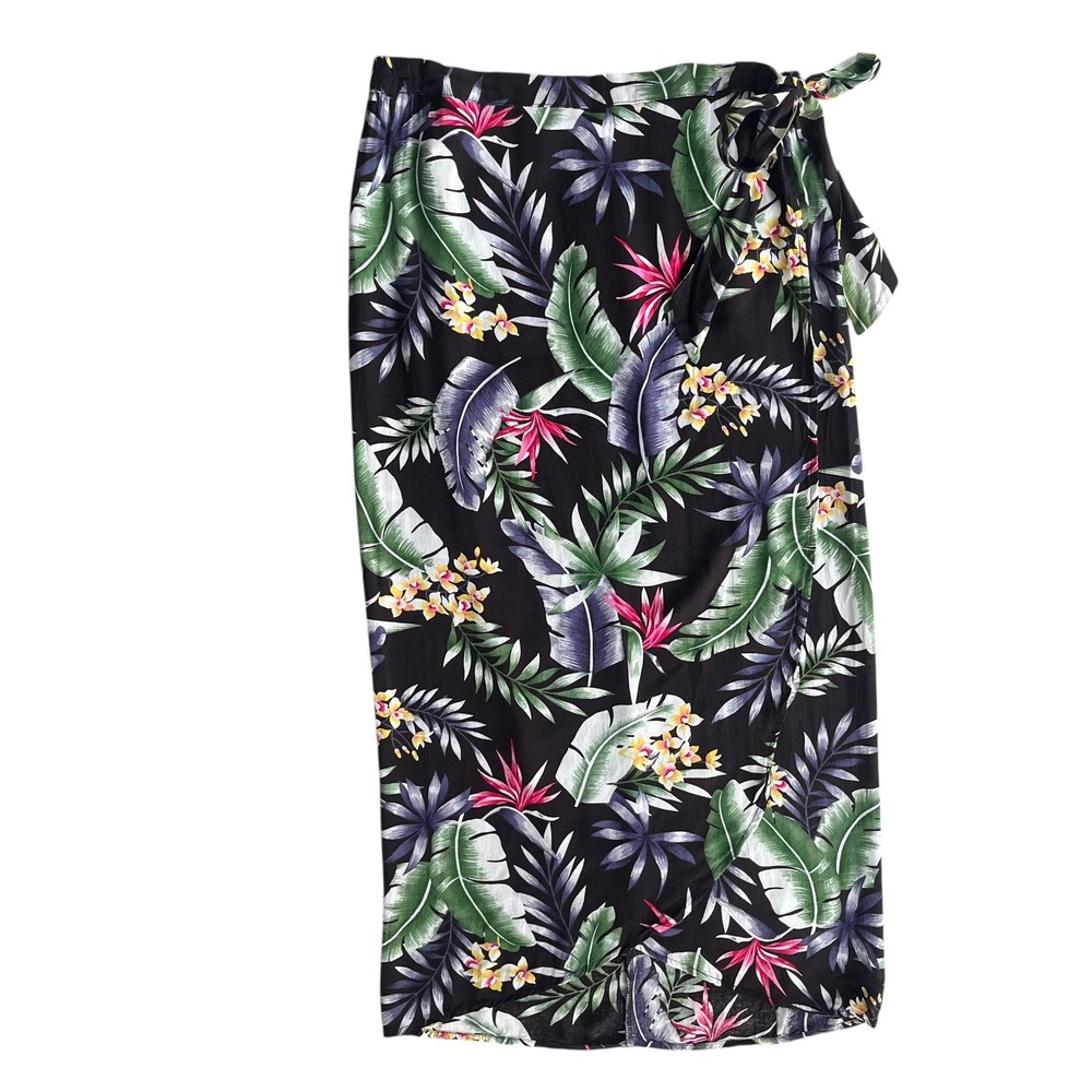 Elsie & Zoey Women SM Black Pink Multi Tropical Floral Wrap Tie Midi Skirt Beach